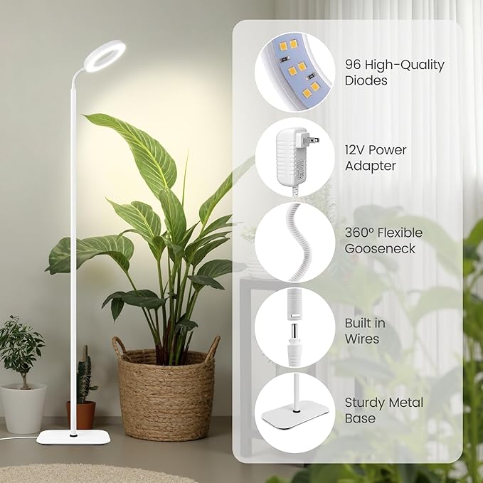 Grow Lights for Indoor Plants,Floor Lamp with 63IN Stand,Full Spectrum,10 Dimming,Halo Ring Warm Light, 3/9/12H Timer,Height Adjustable,Metal Stable Base Growing Light for Tall Small Plant