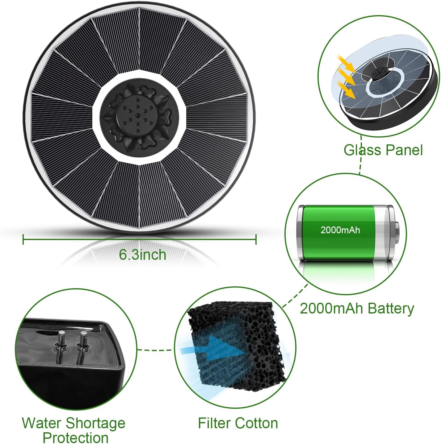 Solar Fountain Pump with 2000 mAh Battery Backup Works in Shade, 3.5 W Glass Floating Solar Powered Water Fountain with 7 Nozzles for BirdBath, Garden, Outdoor, Patio, Pond-White