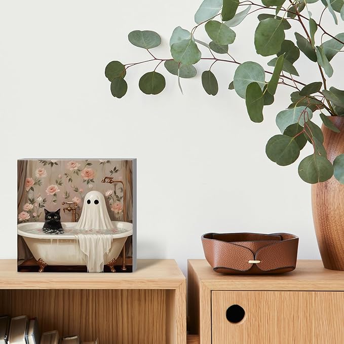 Mtrgdn Cute Halloween Decor,Halloween Decorations Indoor,Ghost with Black Cat Bathroom Decor Wooden Box Sign,Halloween Home Office Kitchen Bathroom Bedroom Desk Table Shelf Wall Decorations,5x5 Inch