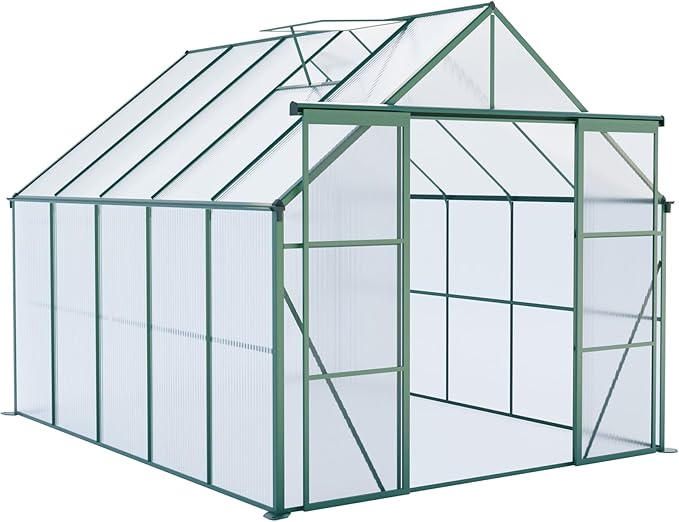 KEIKI 8x10 FT Double Door Polycarbonate Greenhouse with Aluminum Frame,Raised Base and Roof Vent,Walk-in Greenhouses for Patio Garden Backyard