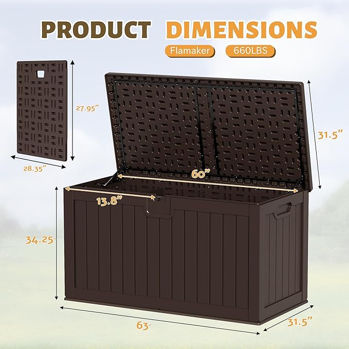 Flamaker Resin Deck Box 250 Gallon, Waterproof Imitation-Wood Lockable Storage Box with Separator Plate Outdoor Indoor, Garden, Patio Furniture for Tools&Pool Accessories (Deep Brown)