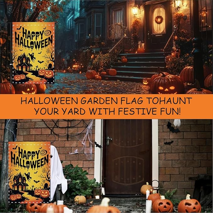 Fokongna Happy Halloween Garden Flag, Halloween Ghost Bat Haunted Castle Decor Flag, 12x18 Inch Burlap Vertical Double Sided Flags, for Home Yard Outside Decorations