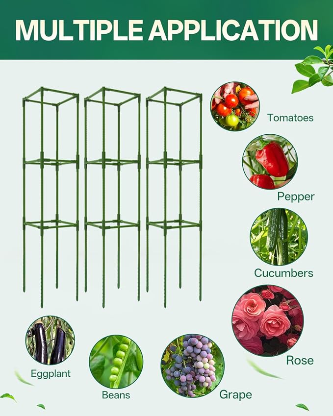 Breeze Touch 3 Pack Square Tomato Cages, Up to 47 Inch Adjustable Tomato Trellis for Garden & Pots, Garden Trellis for Climbing Plants Outdoor, Plant Trellis for Climbing Vegetables, Flowers, Beans
