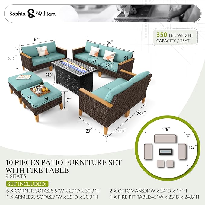 Sophia & William Patio Furniture Set with Fire Pit Table, 10 Piece Outdoor Wicker Furniture Sectional Sofa, Extra Large Patio Rattan Conversation Set with Ottoman & 45" Fire Pit Table(Aqua Blue)