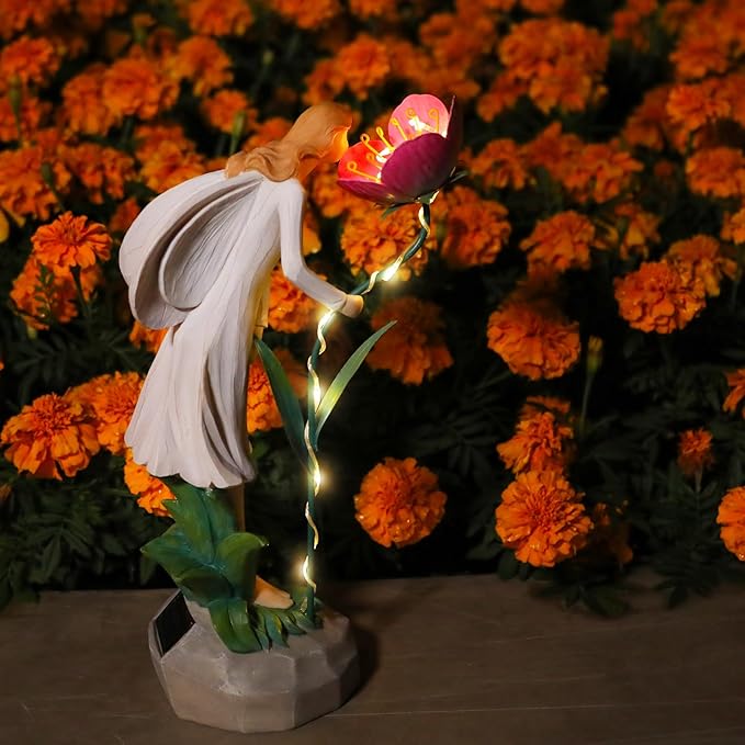 Fairy Garden Statue Outdoor Decor, Solar Powered Garden Sculptures Fairy Resin Statues Waterproof Pink Flower Solar LED Lights Yard Art Decorations for Outside Patio Lawn Decor
