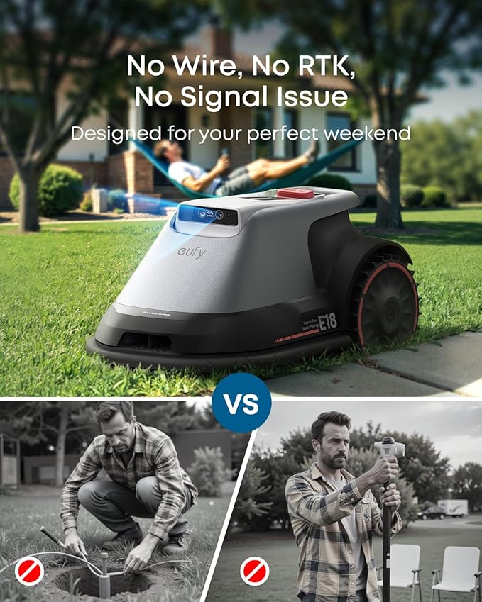 eufy E18 Robot Lawn Mower,Max 0.3 Acres,Wireless Robot Mower with Auto Mapping,Vision Navigation,Multi-Zone Management,Robotic Lawnmower with AI Obstacle Avoidance,APP Control,18°Slope,Cut Height1-3"