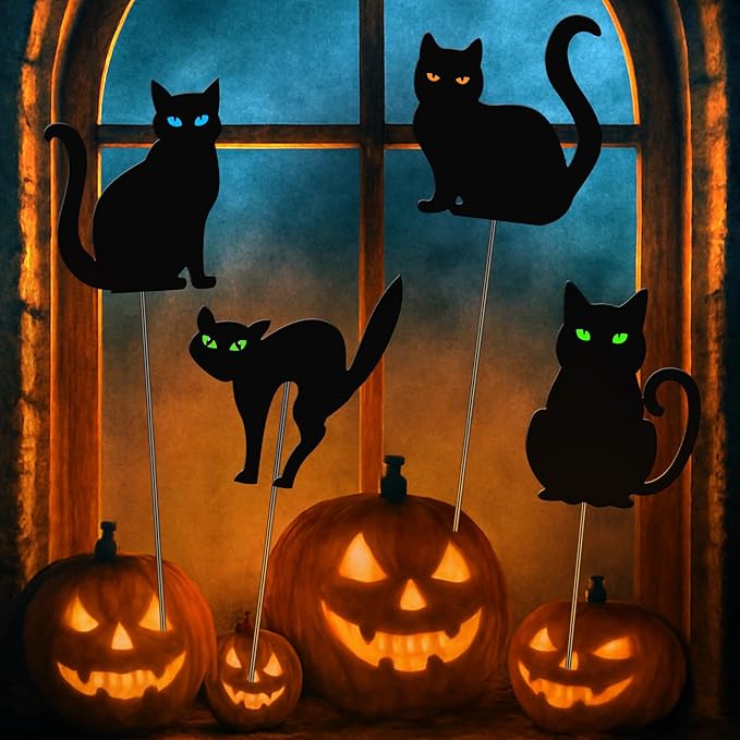 Chunful 4 Pcs Halloween Decorative Garden Stakes Black Cat Garden Stakes for Flower Planter Pot Outdoor Metal Yard Sign Black Cat Decorations Halloween Patio Lawn Decor