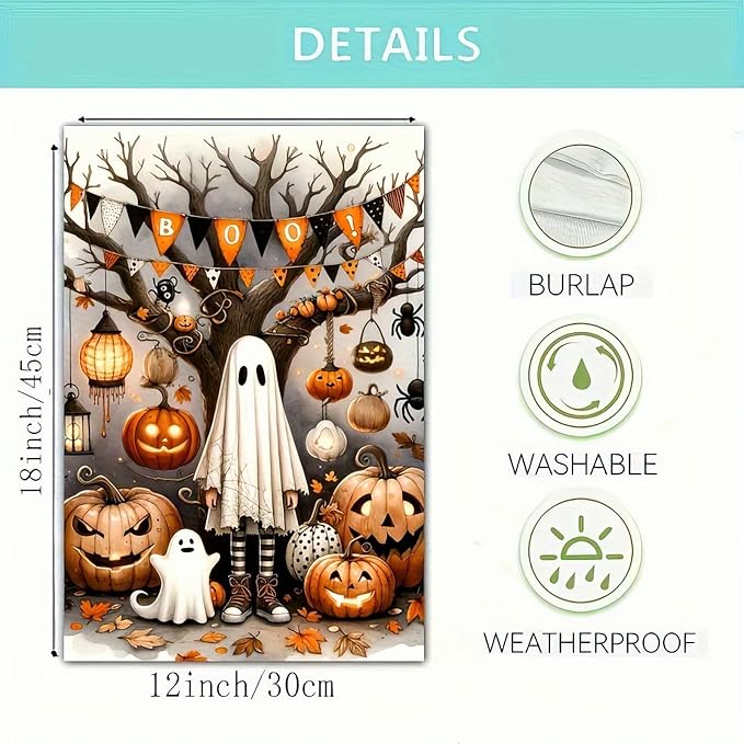 Halloween Ghost Garden Flag 12x18 Inch Double Sided Vertical Flag Spooky Pumpkin Garden Flag for Outside, Halloween Decoration for Home, Fall Porch Lawn Patio Banner