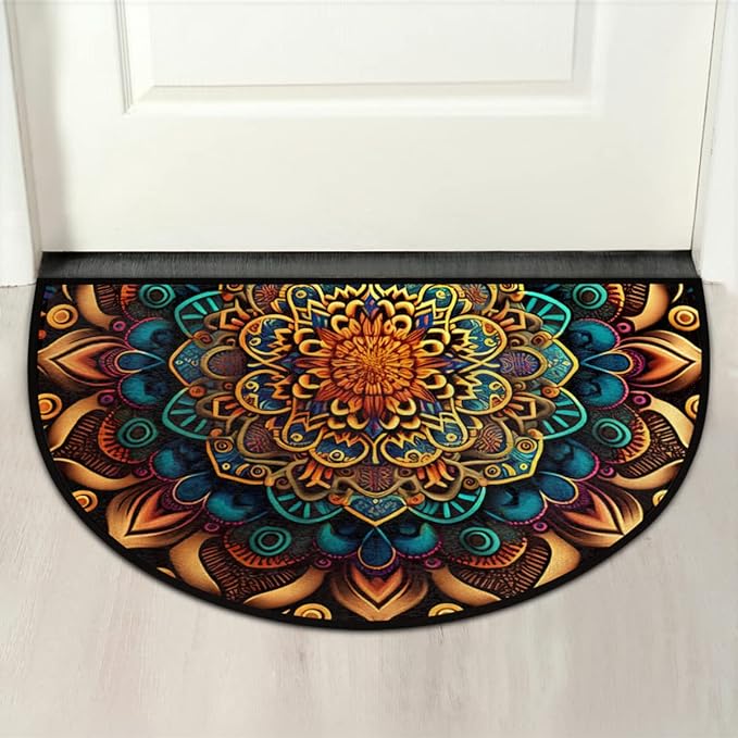 Mandala Half Round Door Mat, Ethnic Mandala Floral Semicircle Door Mats, Non Slip Area Rug Soft Doormat for Front Door Indoor Entrance Wear Resistant Welcome Mat for Garage Patio Home Decor 24 x 36 In