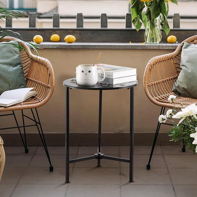 2 Packs 13" Metal Outdoor Side Tables Small Black Outside End Table for Patio Round Accent Corner Stand for Small Spaces Weather-Resistant Coffee Table for Balcony Porch Plant Stand, Bamboo Leaf