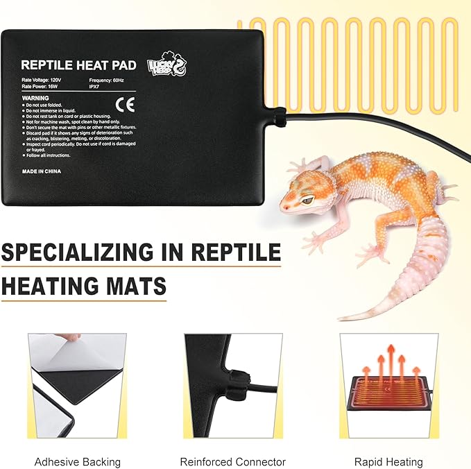 LUCKY HERP Reptile Heat Pad 8x12 Inch 16W Under Tank Terrarium Heating Mat, Reptile Heat Mat, Reptile Heating Pad for Turtle, Lizard, Hermit Crab, Frog, Snake