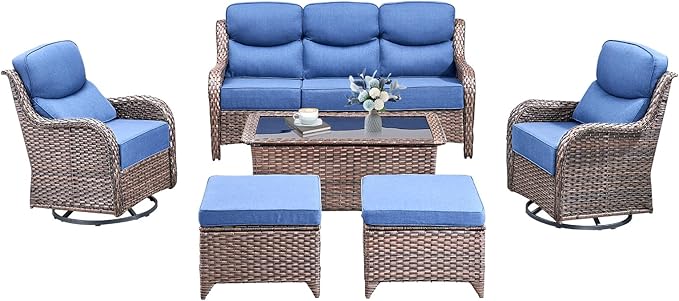 Luxury High Back Outdoor Furniture with 6-Inch Thick Cushions, Patio Furniture Set with Swivel Chairs, 6 PCS Wicker Conversation Set for Porch, Balcony, Deck and Yard
