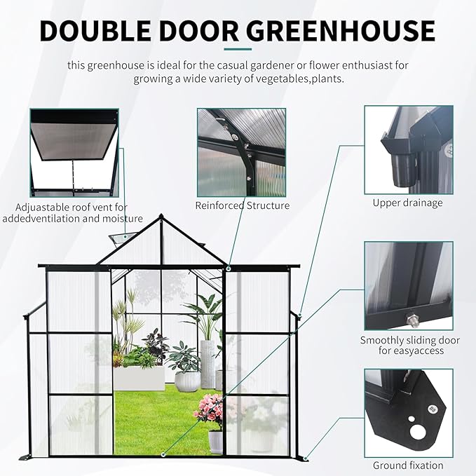 8X6 FT Greenhouses for Outdoors,Double Sliding Door Polycarbonate Greenhouse,Heavy Duty Walk-in Greenhouse, Drainage System & Galvanized Frame for Garden Backyard, Black