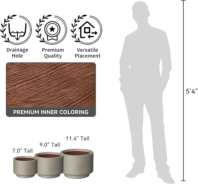 Kante 9.8 Inch Dia Concrete Planter, Round Pedestal Design Garden Pot for Indoor Outdoor Plants, Modern Flower Pot with Drainage Hole, Weathered Concrete Finish with Warm Brown Interior