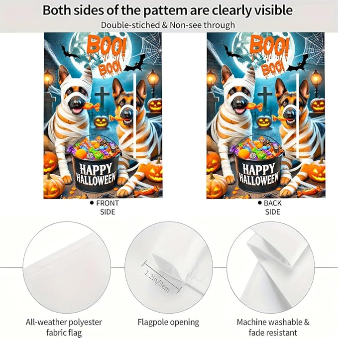 Halloween Garden Flag 11.81 x 17.72 Inch German Shepherd Dogs in Mummy Costume with Candy Pumpkins Bats and Full Moon Outdoor Yard Decoration for Holiday Party