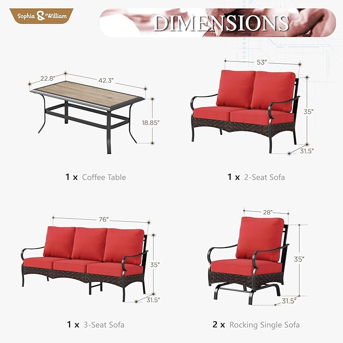 Sophia & William Patio Furniture Set, 5PCS Metal Outdoor Conversation Set with 3-Seater Outdoor Couch, 2 Sofa Chairs, 1 Loveseat,1 Coffee Table for Outdoor Seating, Backyard, Porch(Red)