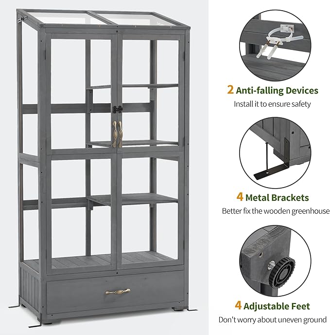Macrout Cold Frame Greenhouse, Tall Wooden Greenhouse for Outdoor Indoor Use with Polycarbonate Panels, 3 Tier Garden Cold Frame with Drawer and Shelves, 0864 (Dark Grey)