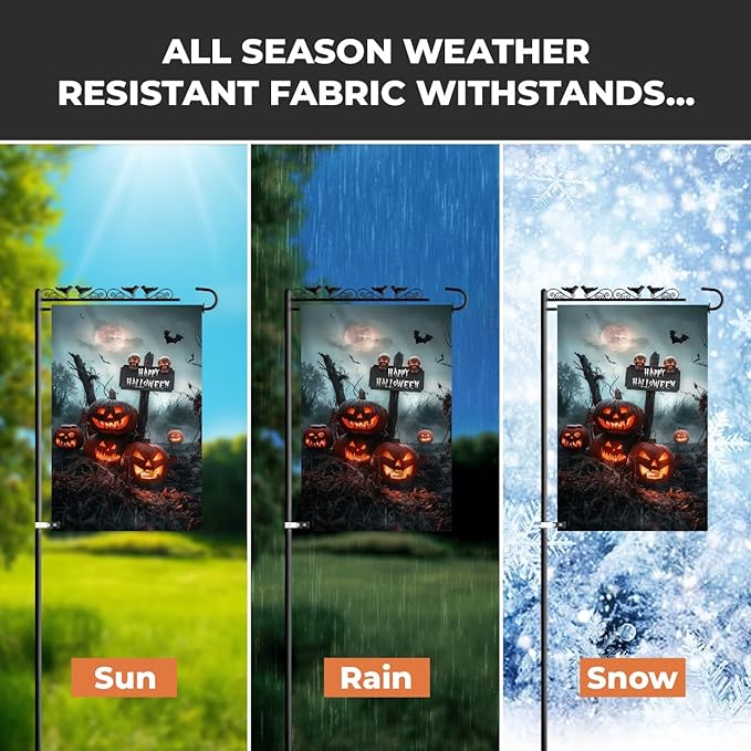 Happy Halloween Garden Flag 12x18 – Double Sided Burlap Fall Outdoor Flag with Jack-o'-Lanterns, Skulls, Bats & Graveyard Scene