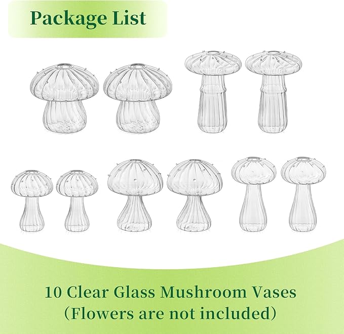 Hewory Mushroom Jars for Plants, 10pcs Clear Glass Mushroom Bud Vase for Flowers, Unique Plant Propagation Stations Propagating Vases Decor, Mini Cute Hydroponic Terrarium Planter for Indoor Planters