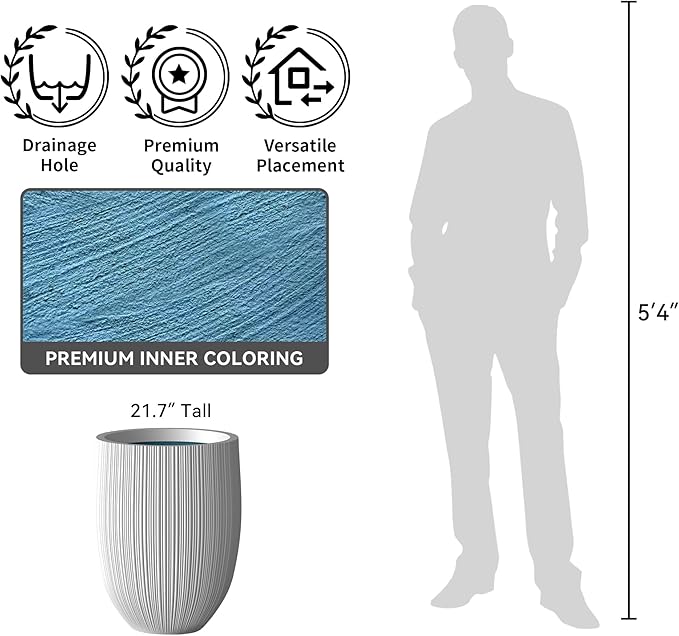Kante Round Fluted Concrete Planter, 16.9-Inch Dia Barrel-Style Pot with Drainage Hole, White Finish with Aqua Blue Interior, 13.7" Opening, for Indoor and Outdoor Use