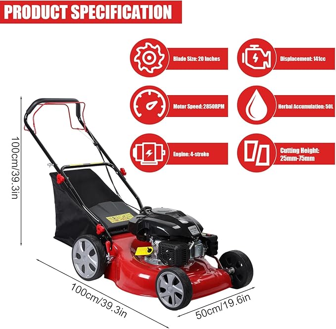 Self Propelled Gas Lawn Mower, 141cc Gas Engine Walk-BehindLawn Mower Cordless Walk-Behind Lawns Mowers with 20 Inches Blade 50L Grass Tank Big Wheels Red
