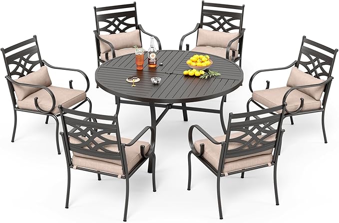 PHI VILLA 7 Pcs Patio Dining Set,Outdoor Table Chair Set for 6 with Outdoor Chairs and Metal Frame Steel Round Table,Outdoor Dining Furniture with Cushion and Pillow for Garden Lawn Deck