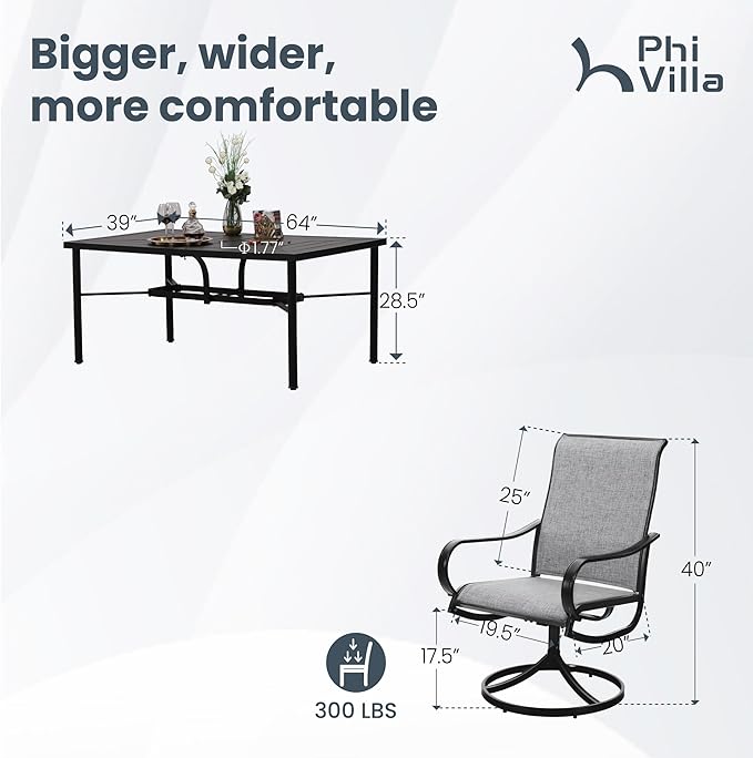 PHI VILLA 7 Piece Outdoor Patio Dining Set, 6 Swivel Patio Chairs & 1 Rectangular Large Metal Table, All Weather Dining Furniture Set for Lawn Garden (Gray)