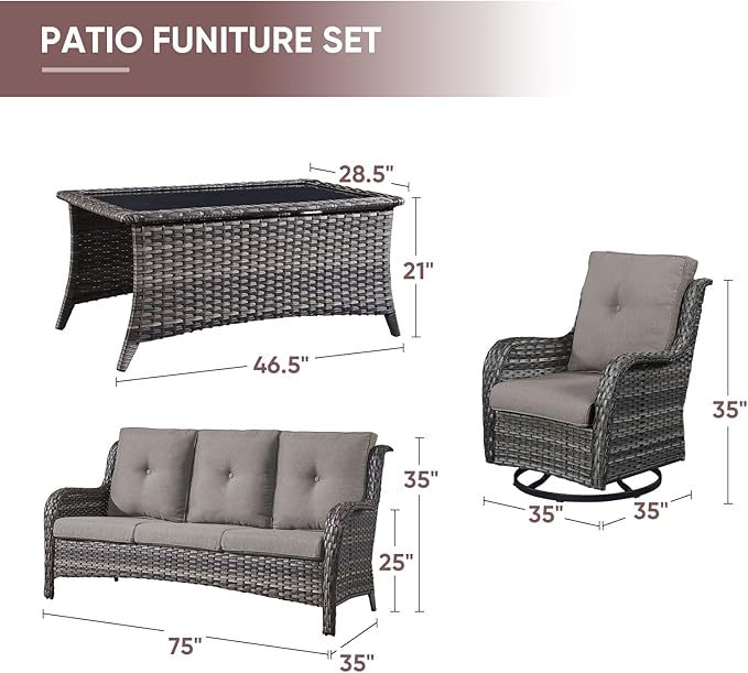 Patio Furniture 4 Piece, All-Weather PE Wicker Outdoor Furniture Set with Coffee Table,Outdoor Patio Furniture with Swivel Rocker Chairs and Outdoor Sofa, Grey/Beige