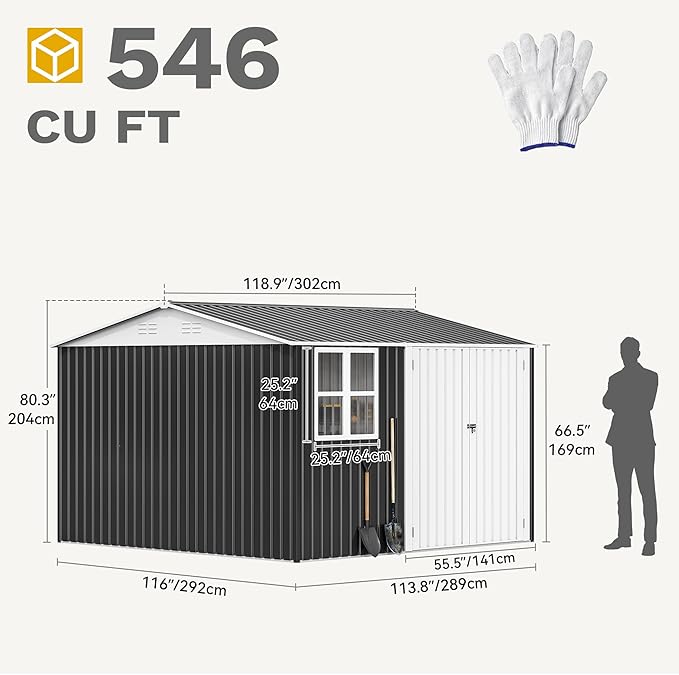 DWVO 10x10ft Metal Outdoor Storage Shed with Window, Lockable Tool Storage Sheds, Oversized Steel Garden Sheds with Sloped Roof for Backyard, Patio, Garage, Lawn, Gray & White