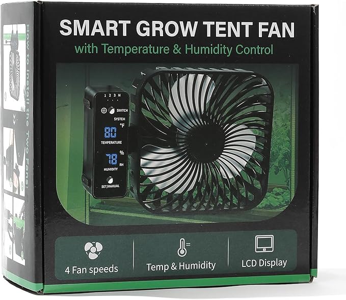 6" Grow Tent Fan with Temp & Humidity Display, Auto Temp & Humidity Control, 4 Speeds, 90° Oscillation, 2-Pack