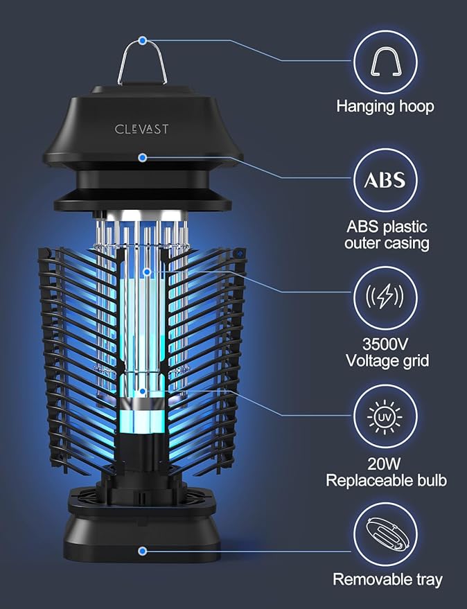 CLEVAST Bug Zapper Outdoor - Electric Mosquito Killer with UV Light, Waterproof Fly Trap for Patio, Yard, Garden, Indoor Use, Black Insect Zapper Lamp - Modern