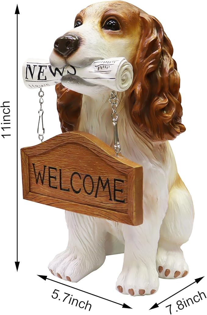 Nature's Mark Cocker Spaniel Dog Puppy Statue with Reversible Welcome Sign and Go Away Sign Resin Garden Decor 12" H