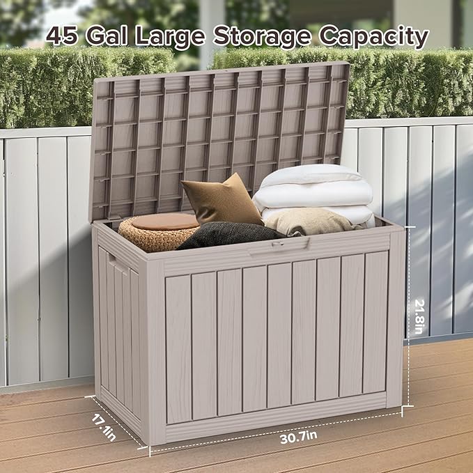 ROJIK Outdoor Storage Housing Deck Box - Waterproof Patio Furniture, Garden Tools, Cushions, Pool Accessories Storage Bench with Lockable Lid and Side Handles (Grey, 45 Gal)