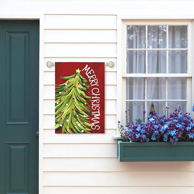 Merry Christma Garden Flag Xmas Tree Yard Flag Winter Wall Banners Red Green Trees Double Sided Vertical House Banner for Rustic Farmhouse Seasonal Outdoor Decoration 28 x 40 Inch