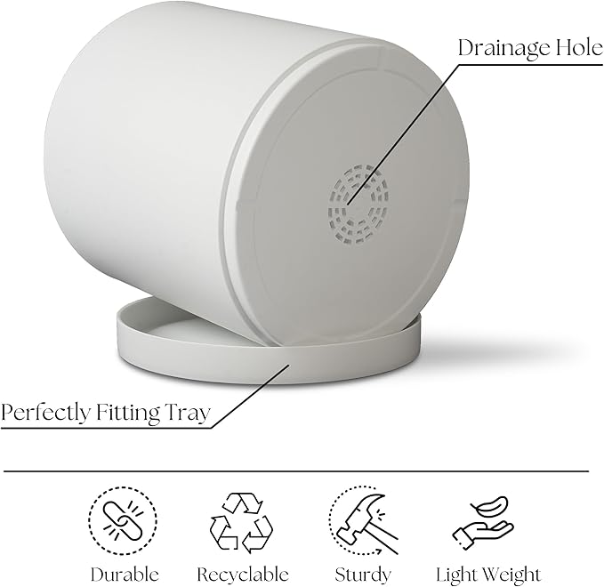 Giraffe Creation 12-Inch Round Cylinder Plant Pot, Modern Indoor/Outdoor Planter with Drainage Hole, Saucer & Water Reservoir, White