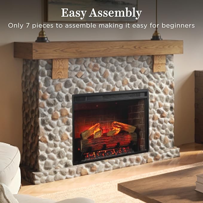 Country Living - Glenbrook Fireplace Mantel Package, 28β, Alexa/WiFi Enabled Fireplace Insert, Cast Stone River Rock Surround, 1500W
