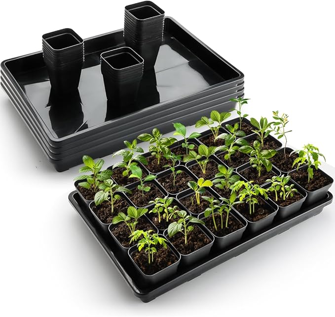 2.8 inch (7CM) Square Nursery Pots 120pcs with 5 Pack Seed Starter Trays, Durable Plastic Flat Seedling Tray (17"x11"x2") for Carrying and Holding Plant Nursery Pot (Black)