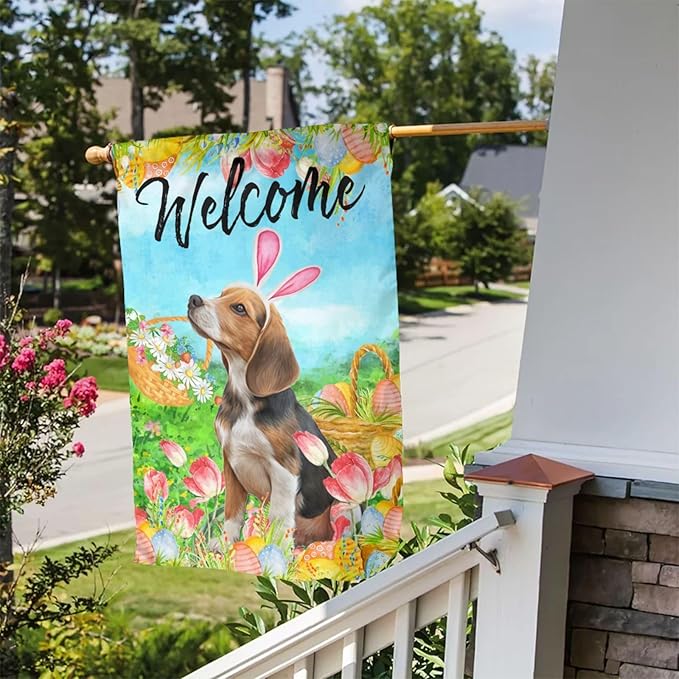 Tulips Cute Beagle Flower Dog Happy Easter Garden Flag Welcome Party Outdoor Outside Decorations Picks Home House Garden Yard Decor 12x18 Inch