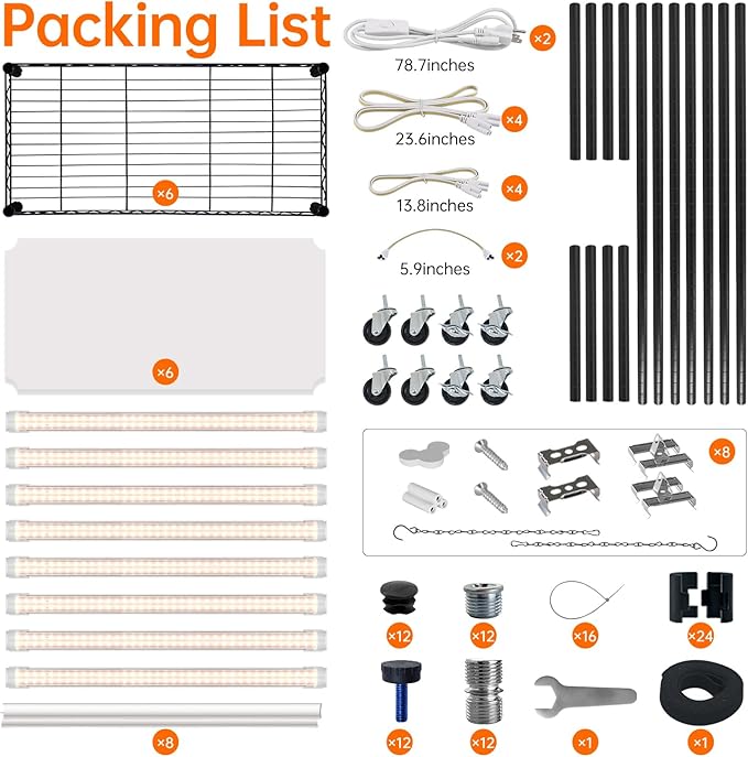 DIY Plant Shelf with Grow Lights, Grow Light Shelf with Adjustable Rack and Wheels, Plant Stand, 8-Pack 192W T8 3000K Full Spectrum Grow Lights for Seed Starting,Seed Tray(29.5L x 13.8W x70.9H)