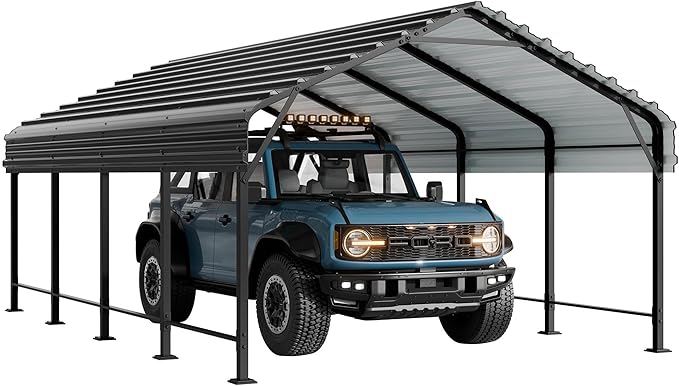 Walsunny Metal Carport 12x20 FT Heavy Duty Carport Canopy with Enhanced Base, Outdoor Car Shelter with Galvanized Steel Roof and Frame Garage for Truck, SUV, Boat, Gray