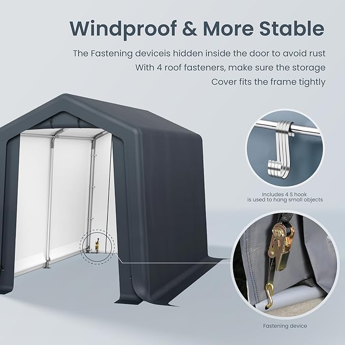 PHI VILLA 6'x10'x7' Outdoor Portable Storage Shelter Shed Garage with 2 Roll up Zipper Doors & Vents Carport for Motorcycle Bike Waterproof and UV Resistant Anti-Snow Portable Garage Kit Tent, Gray