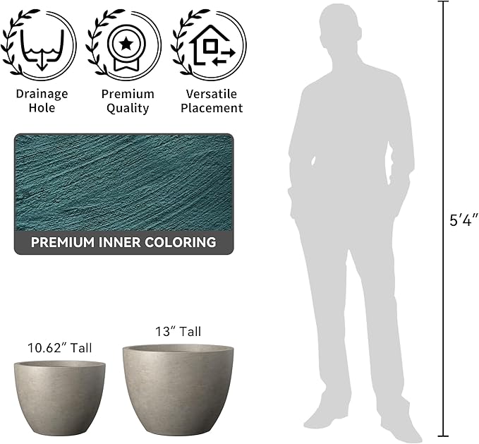 Kante 14.2 Inch Round Concrete Planter - Classic Large Plant Pot with Drainage Hole and Rubber Plug, Suitable for Gardens and Patios, Weathered Concrete Finish with Forest Green Interior