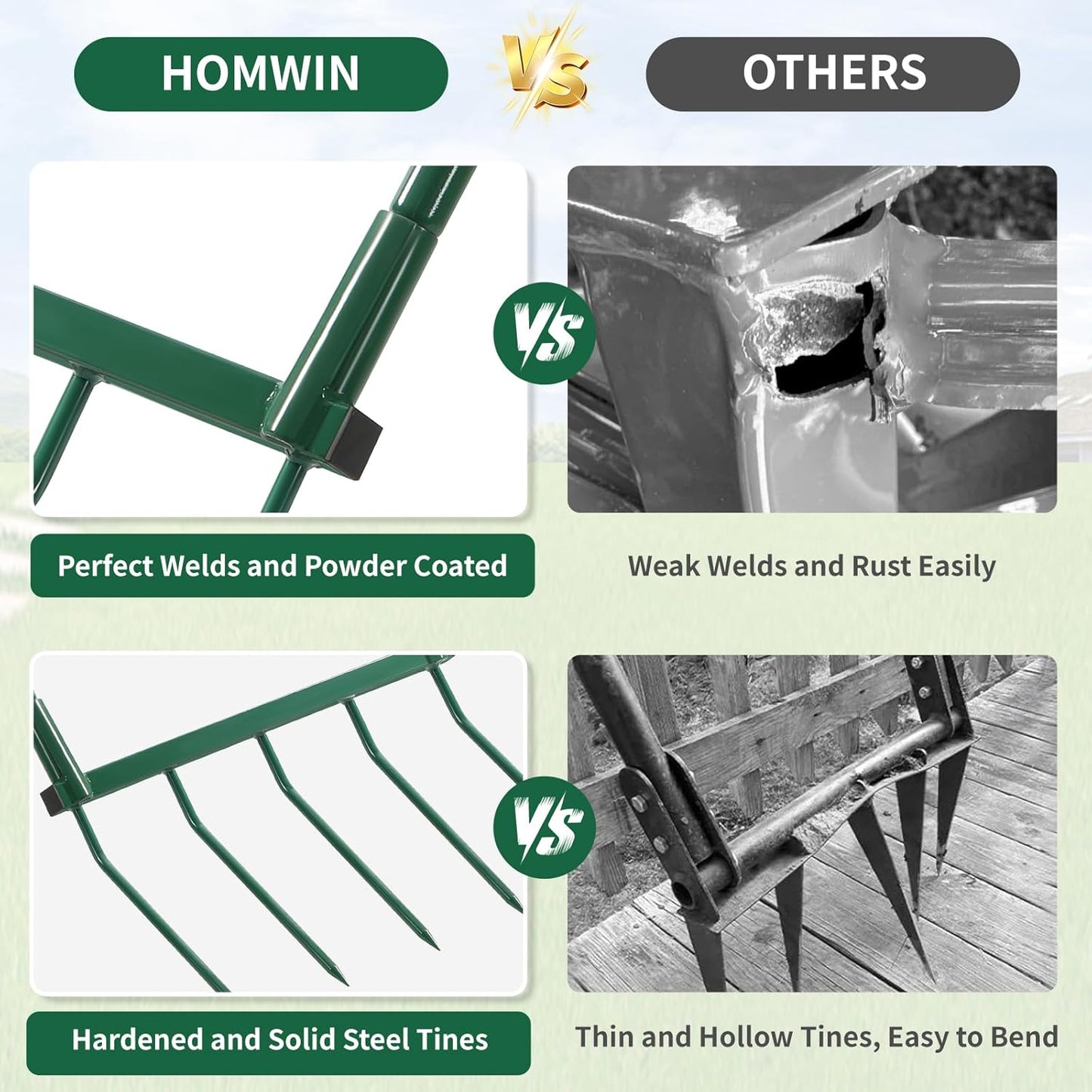 Broadfork Garden Tool with Steel Handle Heavy Duty Five Tines Broad Fork for Gardening Loosening and Aerating Soil, U-Shaped Design Hand Tiller, Compost Turner and Aerator