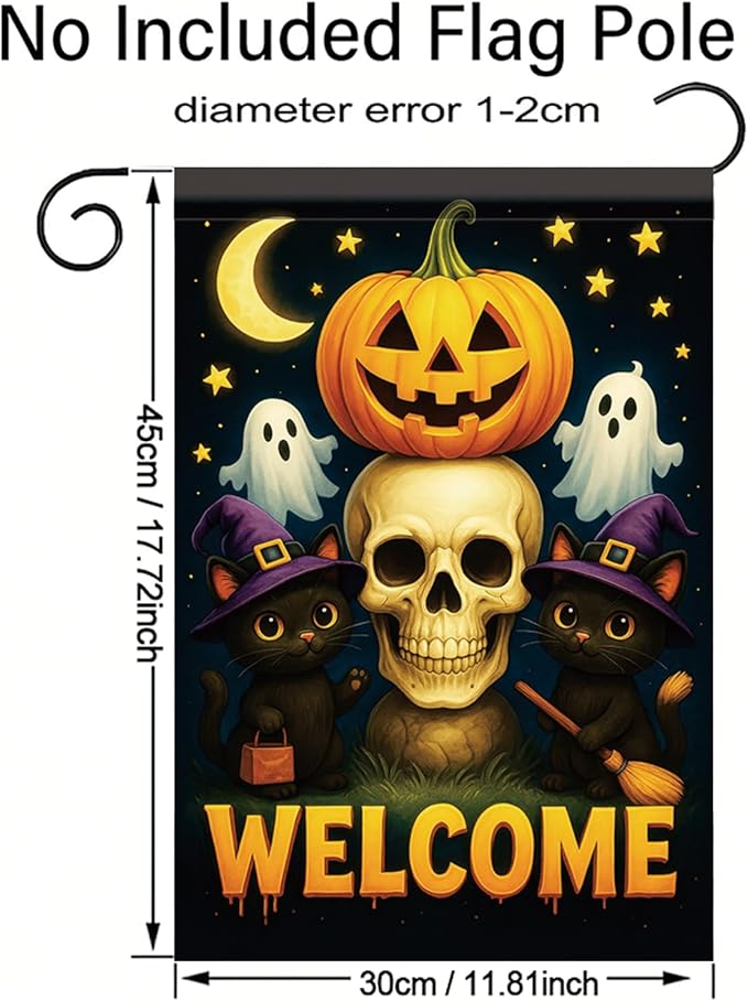 Halloween Garden Flag Pumpkin Skull Witch Hat Ghost Flag 12x18 Inch Double Sided Outdoor Yard Banner for Trick or Treat Haunted House Spooky Halloween Decoration Decor