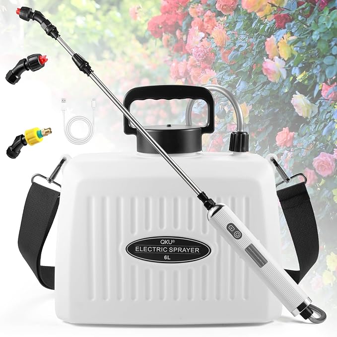 Electric Sprayer, Battery Powered Sprayer 6L/1.6 Gallon, with 3-Adjustable Nozzles, Retractable Wand, Rechargeable Handle & Adjustable Shoulder Strap, Suitable for Garden, Lawn & Cleaning.