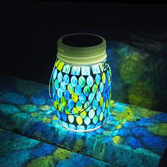 Mosaic Garden Decor Solar Outdoor Hanging Lights,Solar Mosaic Lanterns Christmas Gifts for Women Mom Grandma Halloween and Garden,Patio,Pathway & Yard Décor (Bule)