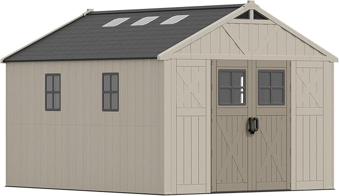 Devoko 10 x 12 FT Plastic Outdoor Storage Shed with Windows, Resin Tools Shed with Floor Large Storage Garden Shed for Patio,Garden, Backyard, Lawn, Beige