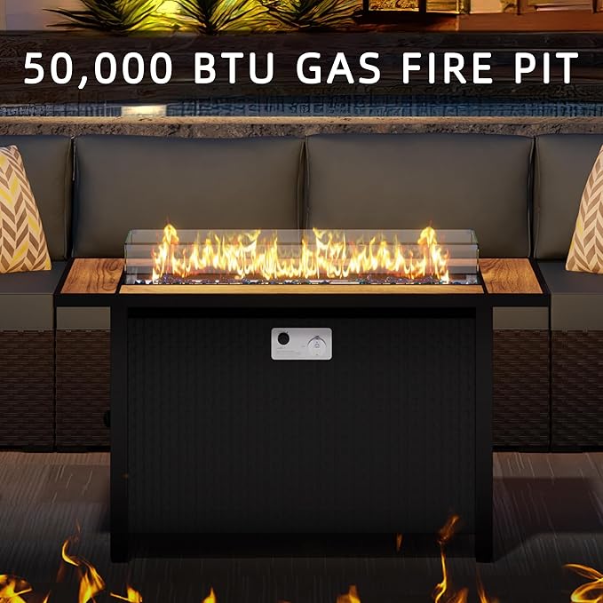 JAMFLY Propane Fire Pit Table 45 Inch, 50,000 BTU Outdoor Gas Firepit Table for Outside Patio with Glass Wind Guard, Blue Glass Rocks,Waterproof Cover, Gray