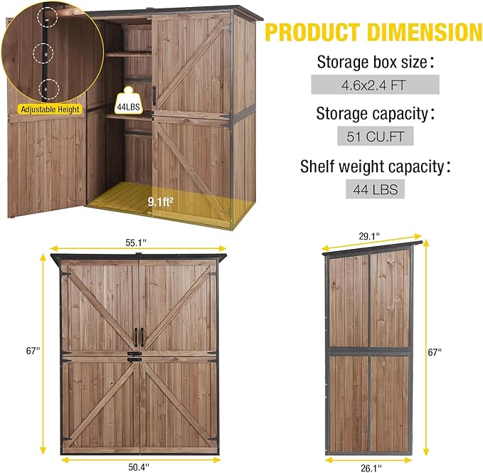 Aivituvin Shed Outdoor Storage Cabinet with Durable Metal Frame Waterproof Garden Tool Storage with Adjustable Shevels and Floor for Backyard Garden Patio Lawn, 55" L, Dark Brown