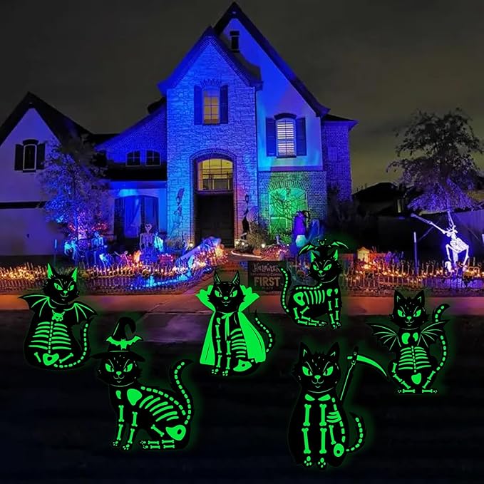 6Pcs Black Cat Halloween Decor Outdoor Glow in The Dark, 16.5”×12.6” Waterproof Spooky Graveyard Yard Stake, Scary Porch and Party Decoration, Light-Up Halloween Cat Sign